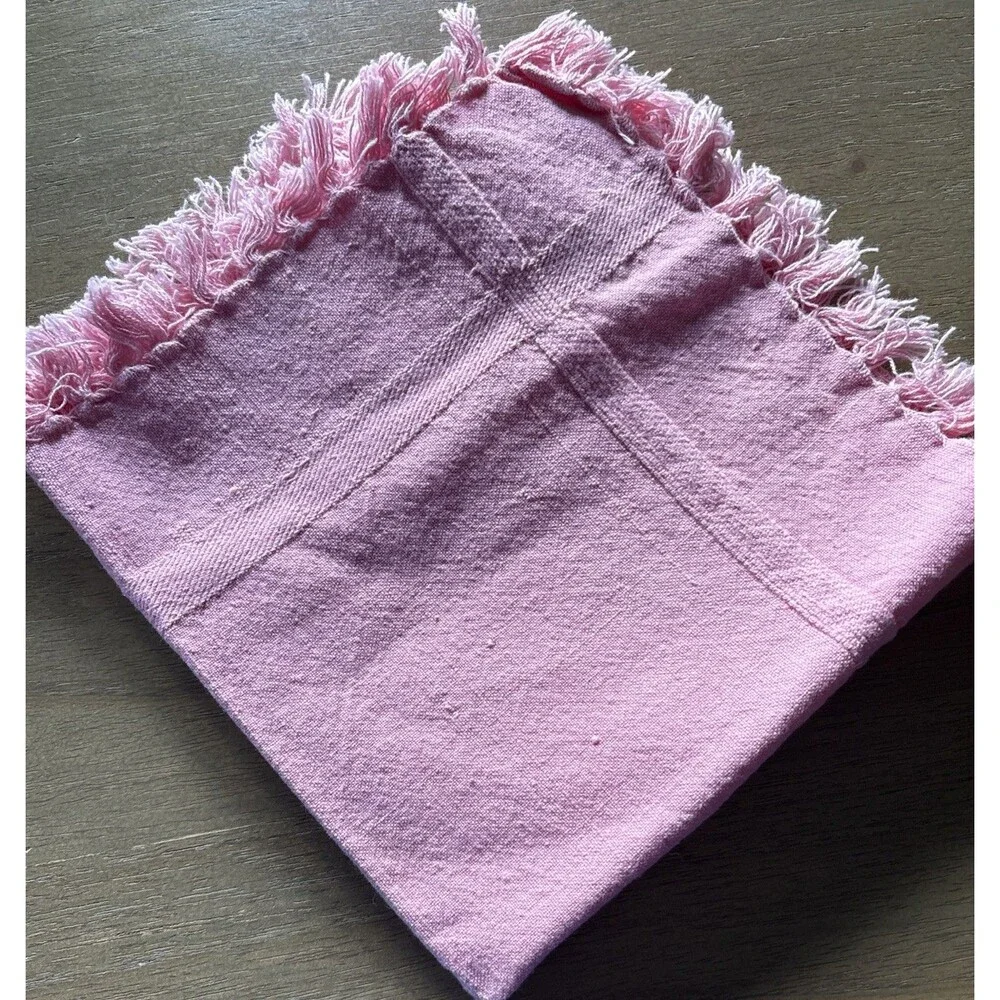 Set of 6 Nantucket Home Pink Cotton Fringed Napkins Woven India Table Linens